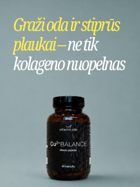 Graži oda ir stiprūs plaukai – ne tik kolageno nuopelnas. ✨Kai kalbame apie grožį, dažniausiai pirmiausia prisimename kolageną. Tačiau tam, kad organizmas galėtų natūraliai formuoti kolageną, jam reikalingi ir tam tikri mikroelementai – vienas jų yra varis. Varis padeda palaikyti normalią jungiamojo audinio būklę, normalią odos ir plaukų pigmentaciją bei apsaugoti ląsteles nuo oksidacinės pažaidos.Ar jau matei naująjį Vitamin Sea Cu²⁺ Balance? 👀
