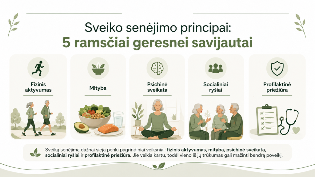 Sveikas senėjimas: principai, įpročiai ir patarimai geresnei savijautai bet kuriame amžiuje